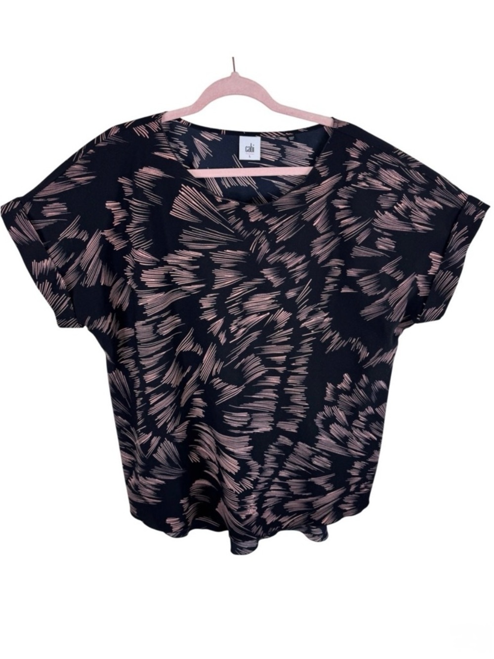 Cabi Womens Black Pink Abstract Print Short Sleeve Blouse Top 3433 Large